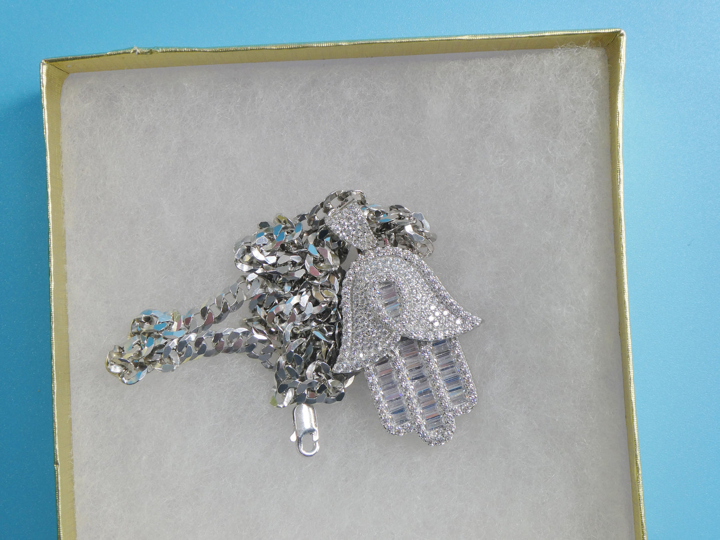 14k white gold color tone chain and large hamsa evil eye charm pendent over real 925 sterling silver