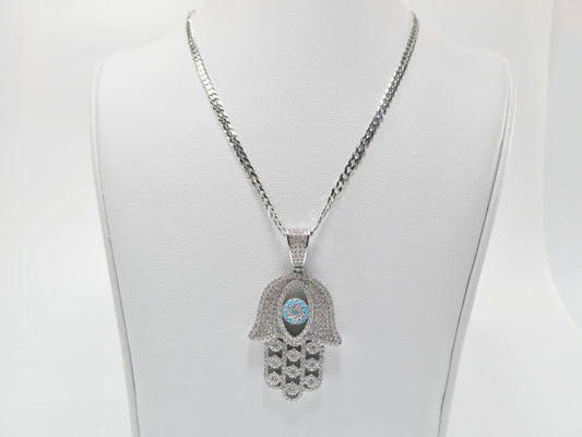 real 925 sterling silver 22 inch chain and hamsa evil eye charm pendent