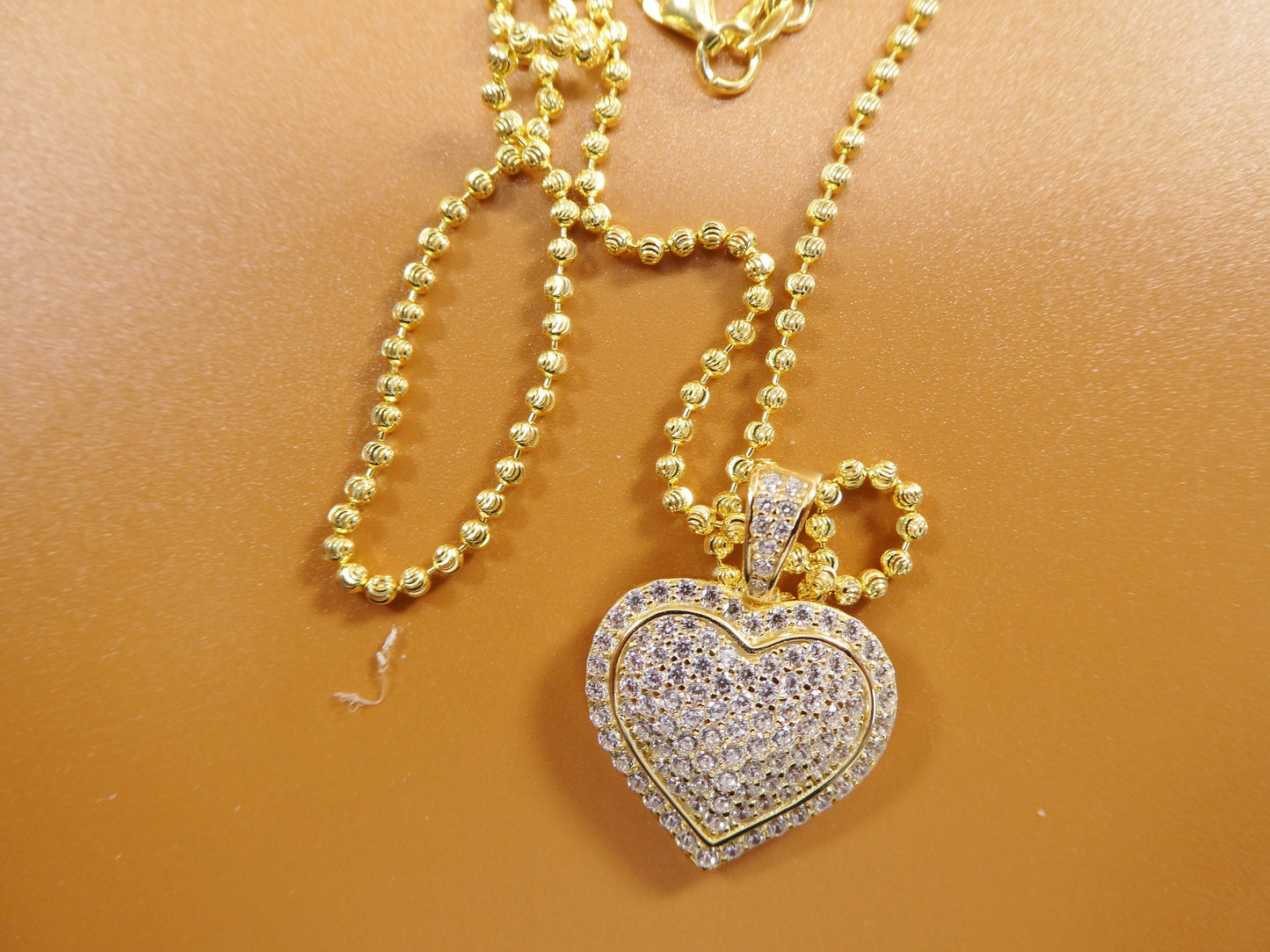 14k yellow color tone moon cut chain and heart over real 925 sterling silver