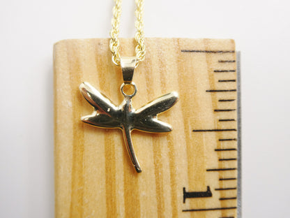 14k Real Solid Yellow Gold Dragonfly Pendent and Robe Necklace