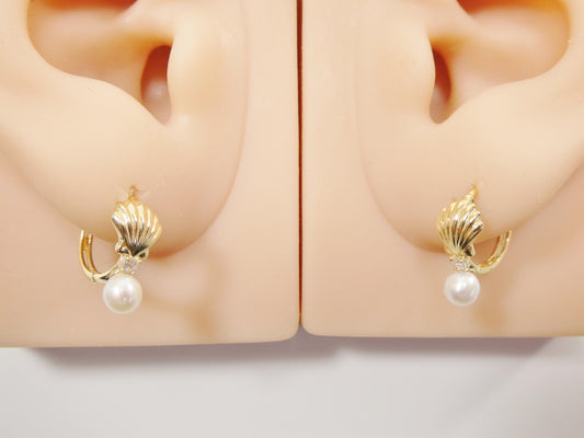real 10k solid yellow gold shell cultured freshwater pearl plain hoop huggie earrings
