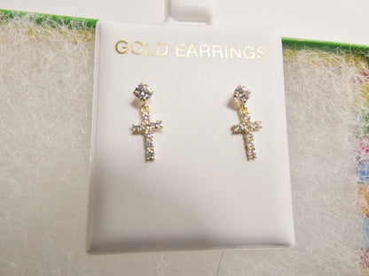 Real 10k Solid Yellow Gold Cross Dropping Push Post Earrings