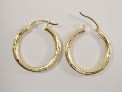14K Real Solid Yellow Gold 25mm Round Hoop Earrings Snap Closure Diamond Cut Finish