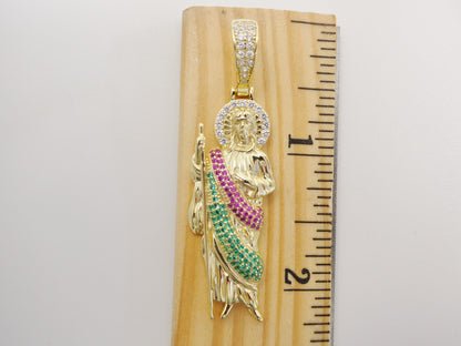 Real Solid 925 Sterling Silver Large Color Stone Saint Jude Pendent