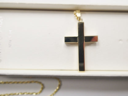 14k Real Solid Yellow Gold Super High Polish Cross Pendent and Robe Necklace