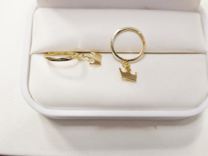 Real 10k Solid Yellow Gold Crown Hoop Huggie Earrings