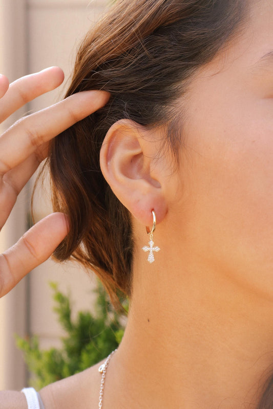 real 10k solid yellow gold cross dropping hoop huggie earring