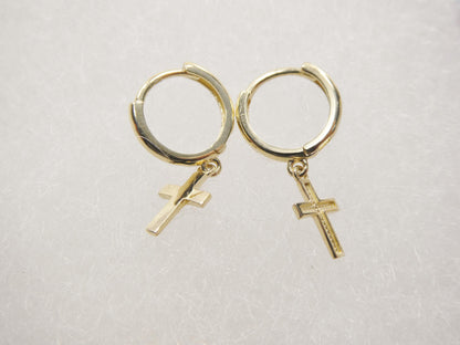 Real 10k Solid Yellow Gold Cross Dropping Hoop Huggie Earrings