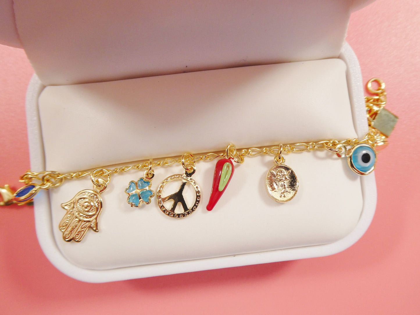 6 inch 18k gold filled multi full dangling charm Figaro style baby bracelet
