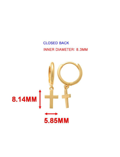 Real 10k Solid Yellow Gold Cross Dropping Hoop Huggie Earrings