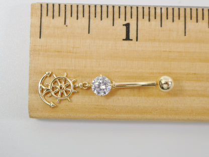 14k Real Solid Yellow Gold Dangling Steering Wheel Anchor Belly Button Ring Piercing