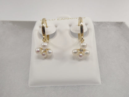 10k Real Yellow Gold Pearl Dangle Plain Huggie Earrings