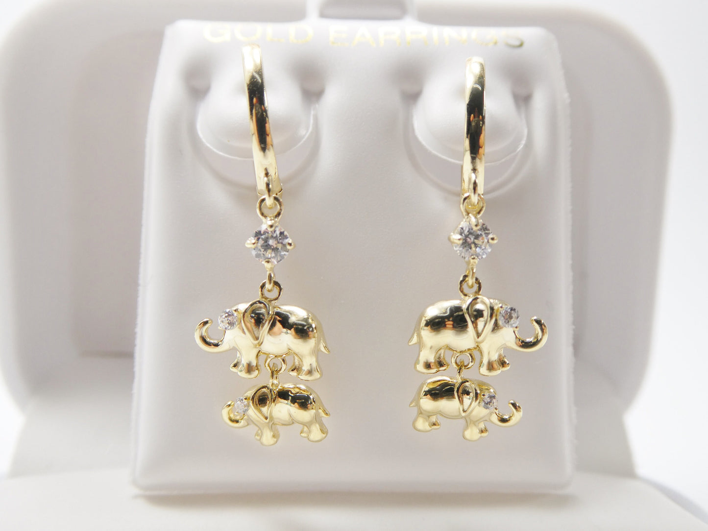 real 10k solid yellow gold double elephant dangling hoop huggie earring