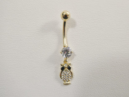 14k Real Solid Yellow Gold Owl Dangling Belly Button Ring Piercing