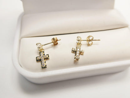 Real 10k Solid Yellow Gold Cross Dropping Push Post Earrings