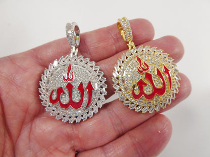 Real 925 Sterling Silver Large Muslim Allah Pendent Full Ice Stone Charm