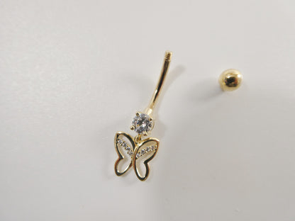 14k Real Solid Yellow Gold Butterfly Dangling Belly Button Ring Piercing