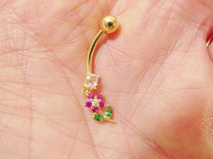 14k Real Solid Yellow Gold Color Leaf Flower Dangling Belly Button Ring Piercing