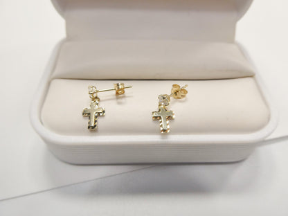 Real 10k Solid Yellow Gold Cross Dropping Push Post Earrings