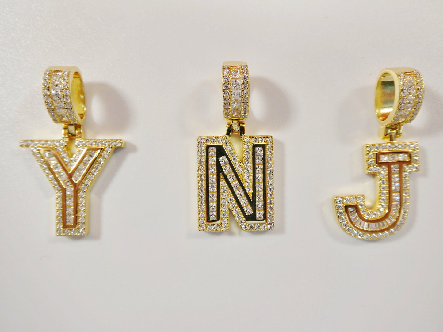 real 925 sterling silver yellow gold color tone baguette initial pendent with 18 inch small Miami chain