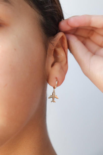 Real 10k Solid Yellow Gold Airplane Hoop Huggies Earrings