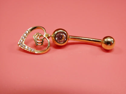 14k Real Solid Yellow Gold Dangling Crown Heart Belly Button Ring Piercing