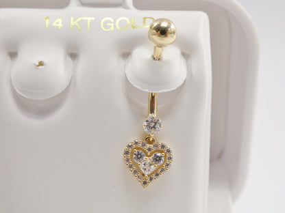 14k Real Solid Yellow Gold Dangling Heart Belly Button Ring Piercing