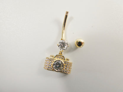 14k Real Solid Yellow Gold Camera Dangling Belly Button Ring Piercing