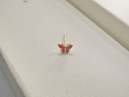 14k Real Solid Yellow Gold Tiny Pink Butterfly Stud Nose Ring