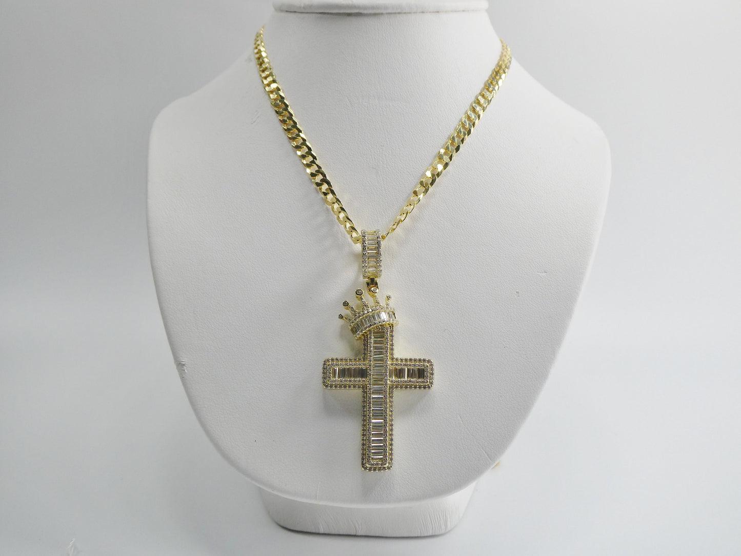 14k Gold Tone Cross Pendant: Sterling Silver Cuban Chain, 24 Inch