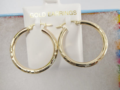 10k Real Solid Yellow Gold Diamond Cut Hoop Earrings