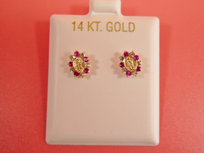14k Real Solid Yellow Gold Screw Back Guadalupe Virgin Mary Earrings Oval Shape