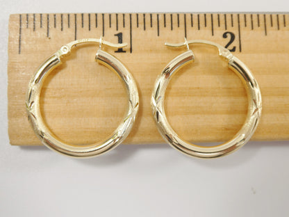14K Real Solid Yellow Gold 25mm Round Hoop Earrings Snap Closure Diamond Cut Finish