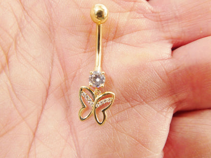 14k Real Solid Yellow Gold Butterfly Dangling Belly Button Ring Piercing