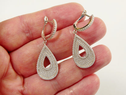 Real 925 Sterling Silver Micro Pave Setting 14k White Gold Color Finish Drop Earrings