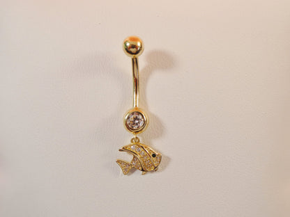14k Real Solid Yellow Gold Fish Dangling Belly Button Ring Piercing