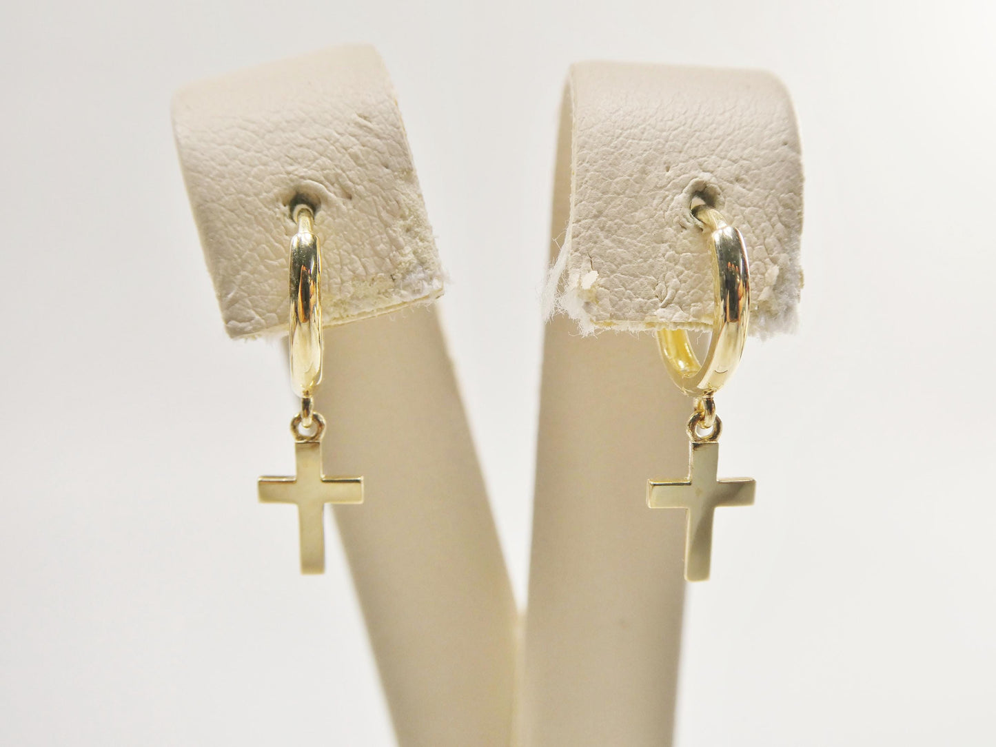 real 10k solid yellow gold cross dropping hoop huggie earring
