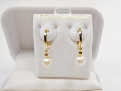Real 10k Solid Yellow Gold Cultured Freshwater Pearl Hoop Huggie Earrings
