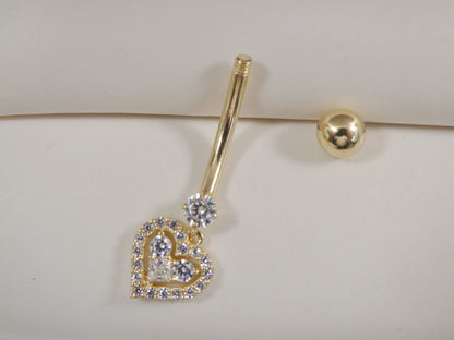 14k Real Solid Yellow Gold Dangling Heart Belly Button Ring Piercing
