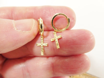 Real 10k Solid Yellow Gold Cross Dropping Hoop Huggie Earrings
