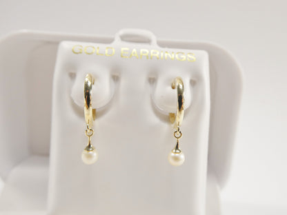 Real 10k Solid Yellow Gold Dangling Cultured Freshwater Pearl Plain Hoop Huggie Earrings
