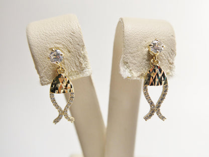 Real 10k Solid Yellow Gold Fish Dangling Push Post Earrings