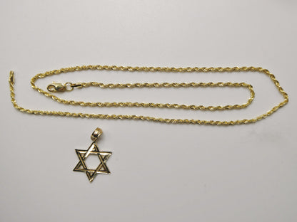 14k Real Solid Yellow Gold Star David Pendent and Robe Necklace