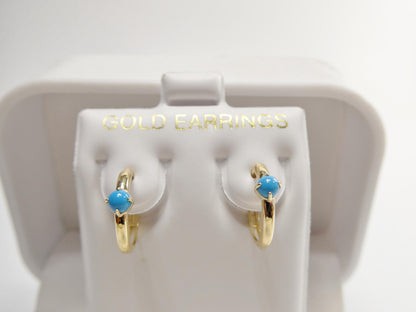 Real 10k Solid Yellow Gold Designer Polish Hoop Turquoise Huggie Earrings