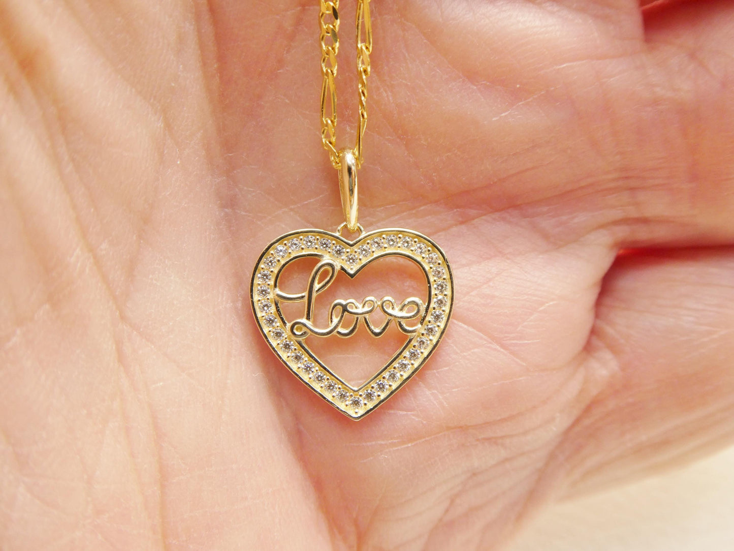 10k real solid yellow gold 18 inch solid figaro chain and love heart pendent