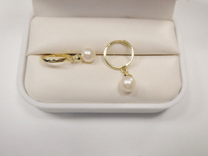 Real 10k Solid Yellow Gold Cultured Freshwater Pearl Hoop Huggie Earrings