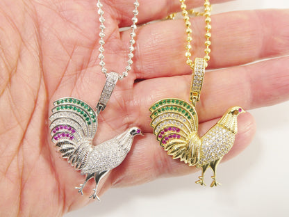 Real 925 Sterling Silver 2mm Moon Chain and Rooster Pendent