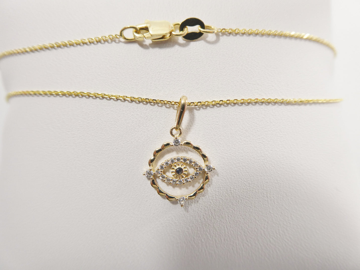 14k real solid yellow gold evil eye pendent and cable necklace