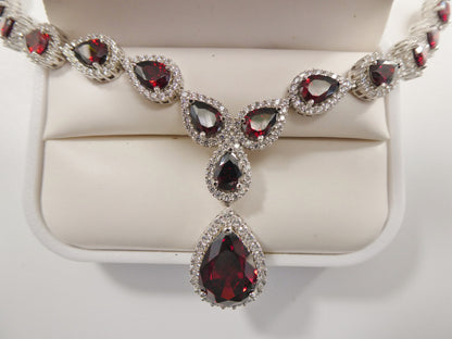 Real 925 Sterling Silver Teardrop Red Garnet Women Necklace