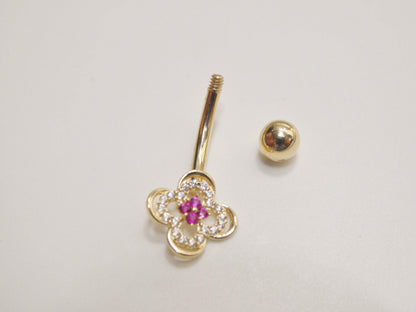 14k Real Solid Yellow Gold Flower Belly Button Ring Piercing